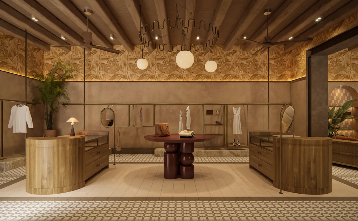 Sala de exhibición circular con mesas redondas de madera, espejos ovalados y percheros bajo lámparas de burbujas colgantes