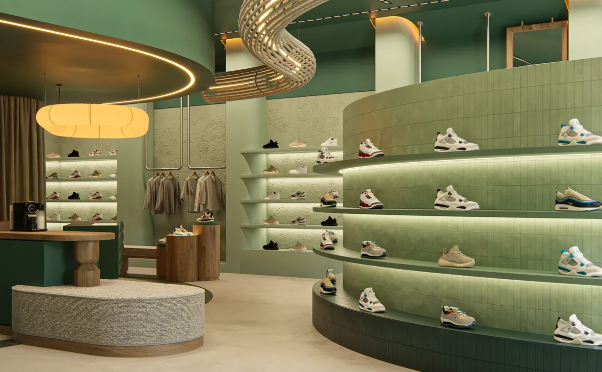 Estantería curva de tenis iluminada con lámpara circular colgante y bancas tapizadas en verde salvia