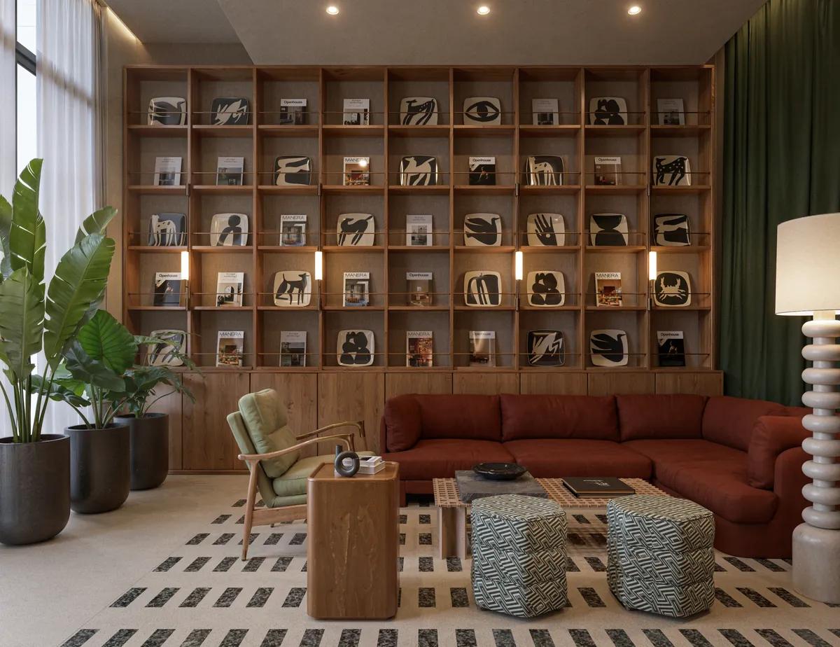 Lobby del edificio con estantería curva llena de objetos, sofá en terracota y puf en tweed gris sobre piso de mosaico geométrico
